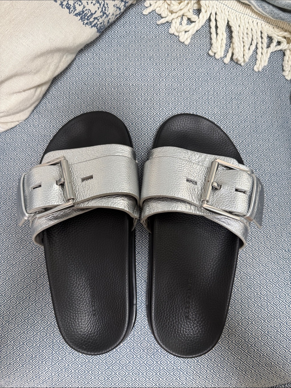 Metallic All Saints Silver and Black Slides